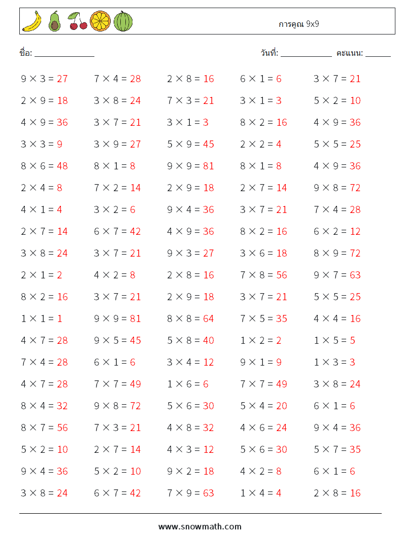 (100) การคูณ 9x9 ใบงานคณิตศาสตร์ 4 คำถาม คำตอบ