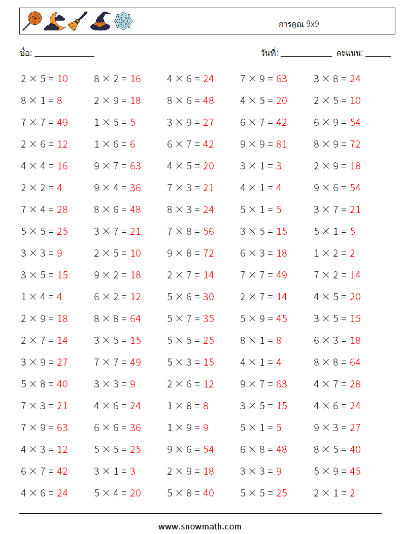 (100) การคูณ 9x9 ใบงานคณิตศาสตร์ 5 คำถาม คำตอบ