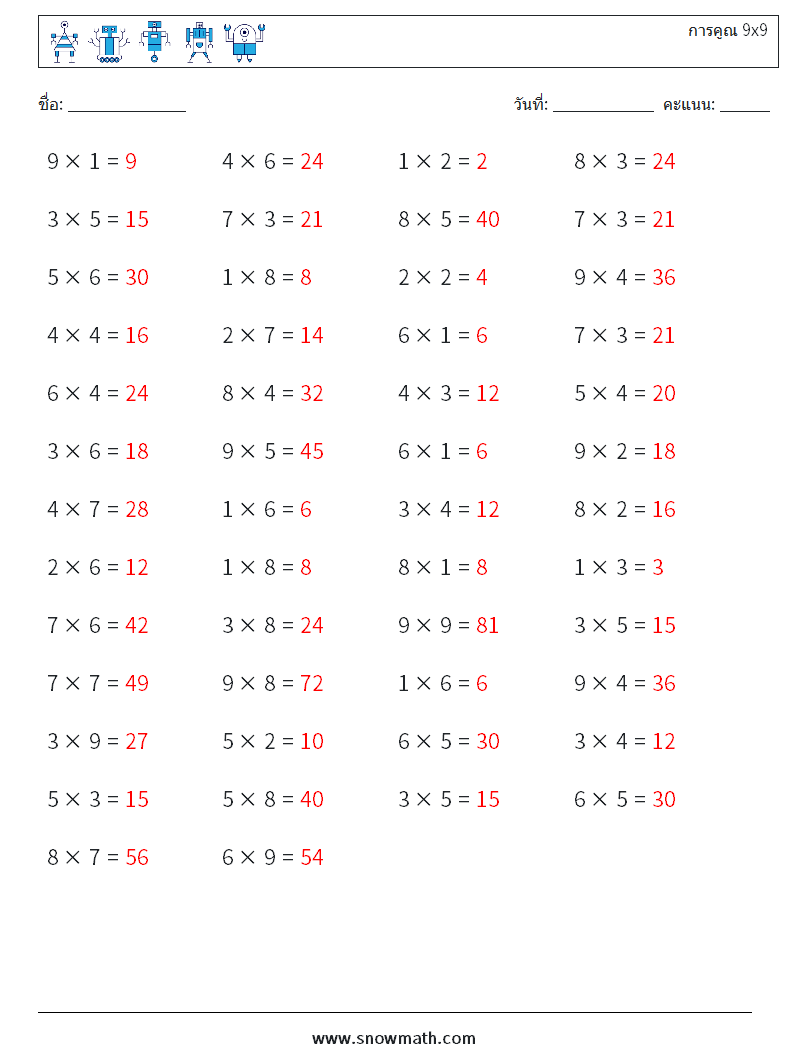 (50) การคูณ 9x9 ใบงานคณิตศาสตร์ 4 คำถาม คำตอบ