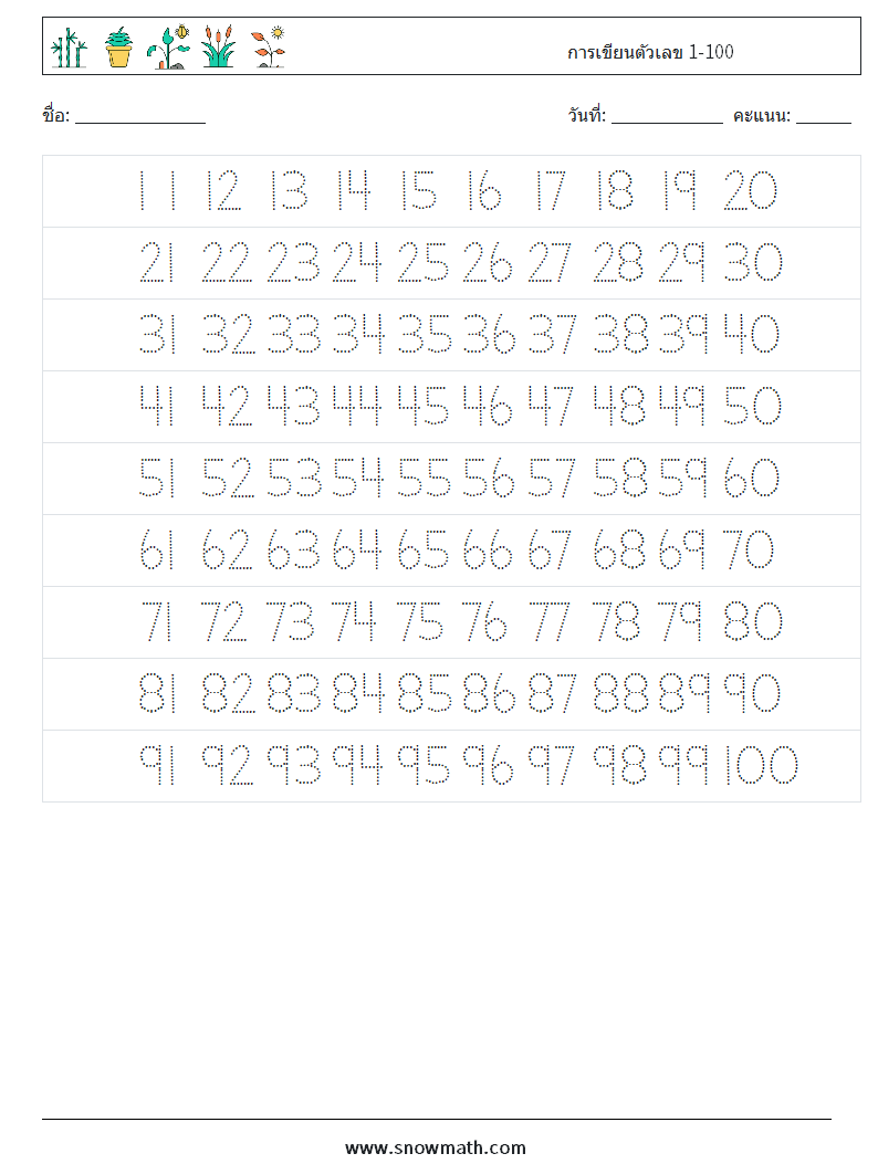 การเขียนตัวเลข 1-100 ใบงานคณิตศาสตร์ 21