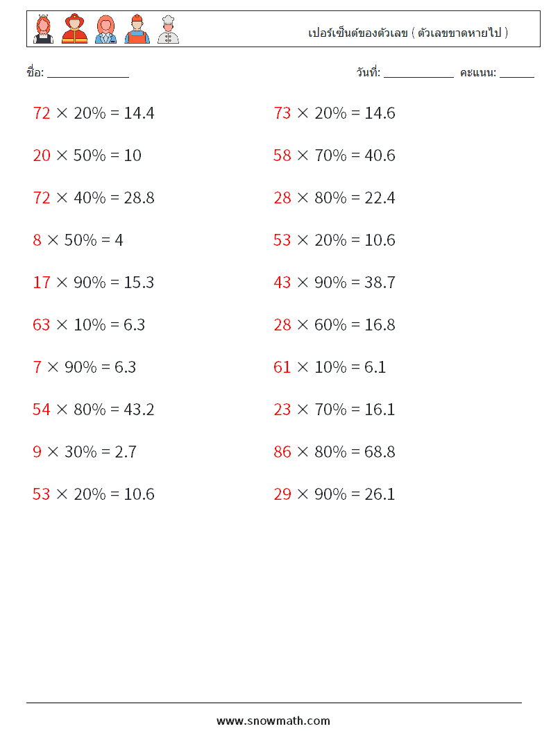 เปอร์เซ็นต์ของตัวเลข ( ตัวเลขขาดหายไป ) ใบงานคณิตศาสตร์ 4 คำถาม คำตอบ