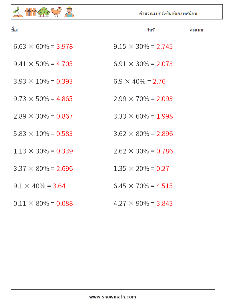 คำนวณเปอร์เซ็นต์ของทศนิยม ใบงานคณิตศาสตร์ 6 คำถาม คำตอบ