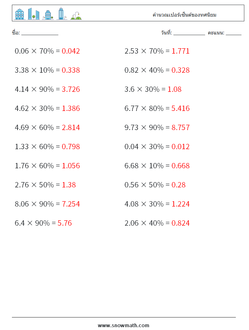 คำนวณเปอร์เซ็นต์ของทศนิยม ใบงานคณิตศาสตร์ 8 คำถาม คำตอบ