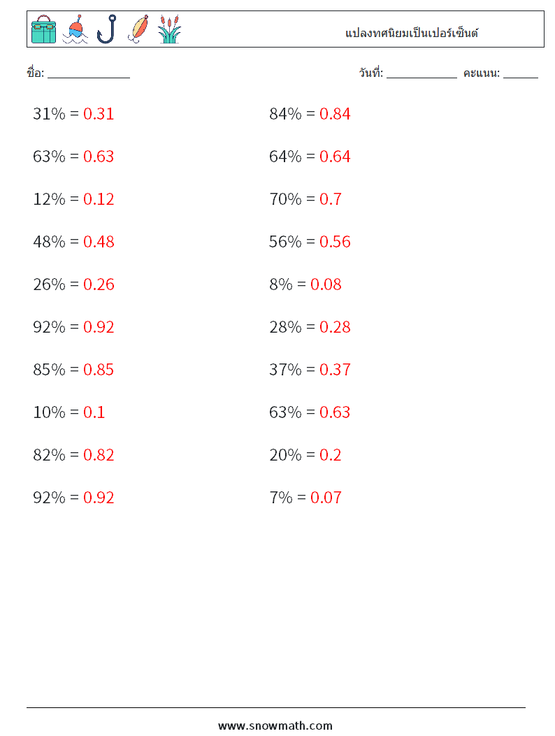 แปลงทศนิยมเป็นเปอร์เซ็นต์ ใบงานคณิตศาสตร์ 1 คำถาม คำตอบ