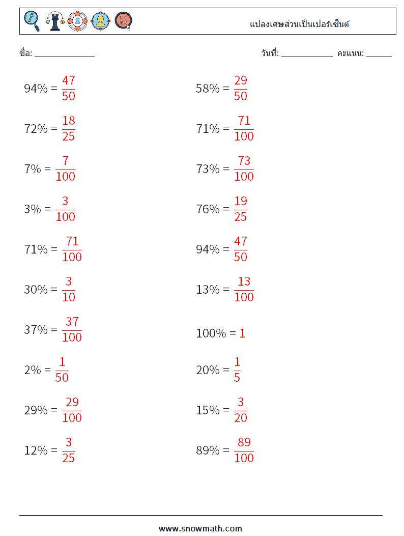 แปลงเศษส่วนเป็นเปอร์เซ็นต์ ใบงานคณิตศาสตร์ 1 คำถาม คำตอบ