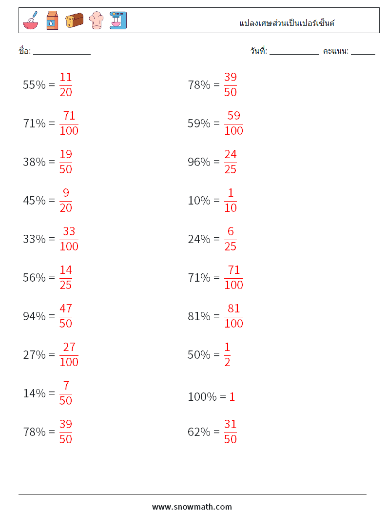 แปลงเศษส่วนเป็นเปอร์เซ็นต์ ใบงานคณิตศาสตร์ 2 คำถาม คำตอบ