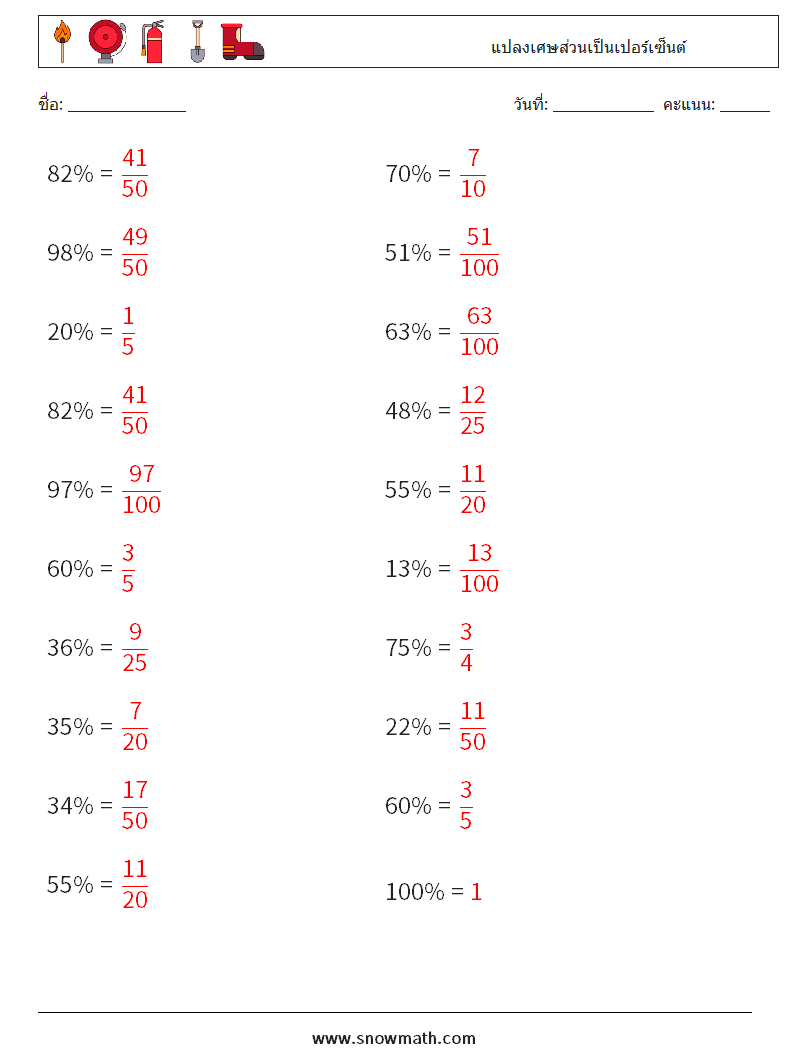 แปลงเศษส่วนเป็นเปอร์เซ็นต์ ใบงานคณิตศาสตร์ 3 คำถาม คำตอบ