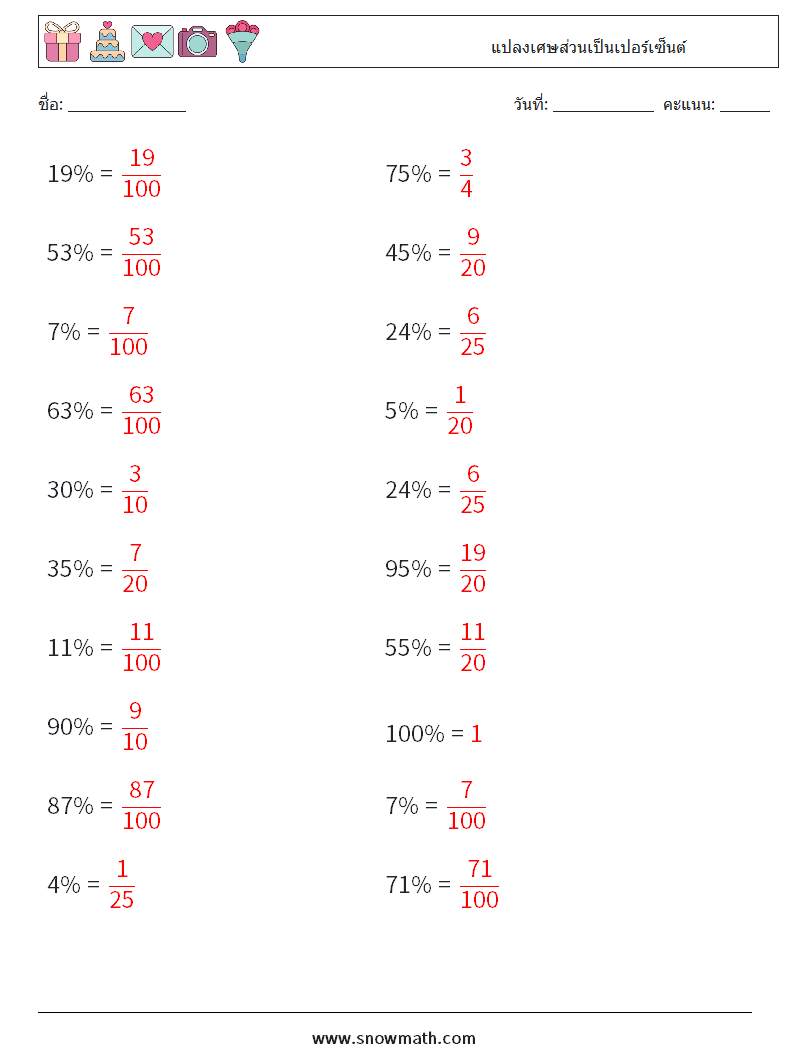 แปลงเศษส่วนเป็นเปอร์เซ็นต์ ใบงานคณิตศาสตร์ 4 คำถาม คำตอบ