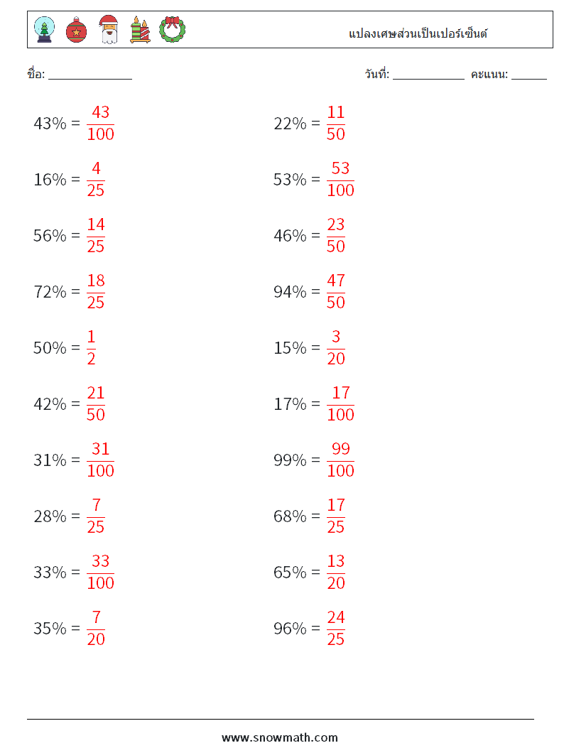 แปลงเศษส่วนเป็นเปอร์เซ็นต์ ใบงานคณิตศาสตร์ 5 คำถาม คำตอบ