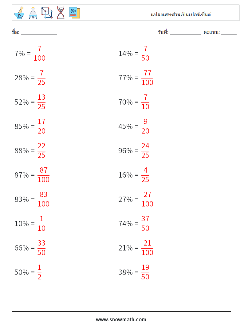 แปลงเศษส่วนเป็นเปอร์เซ็นต์ ใบงานคณิตศาสตร์ 6 คำถาม คำตอบ