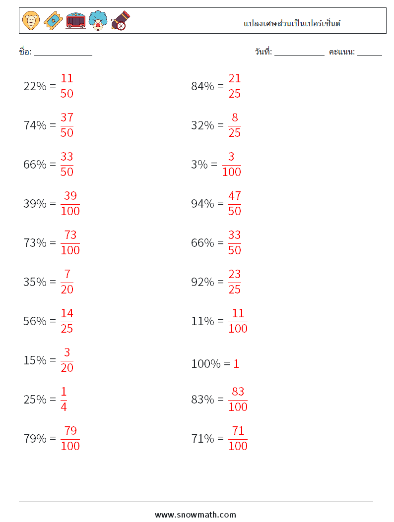 แปลงเศษส่วนเป็นเปอร์เซ็นต์ ใบงานคณิตศาสตร์ 7 คำถาม คำตอบ