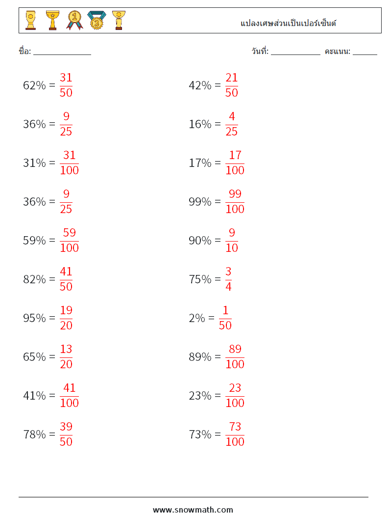 แปลงเศษส่วนเป็นเปอร์เซ็นต์ ใบงานคณิตศาสตร์ 9 คำถาม คำตอบ