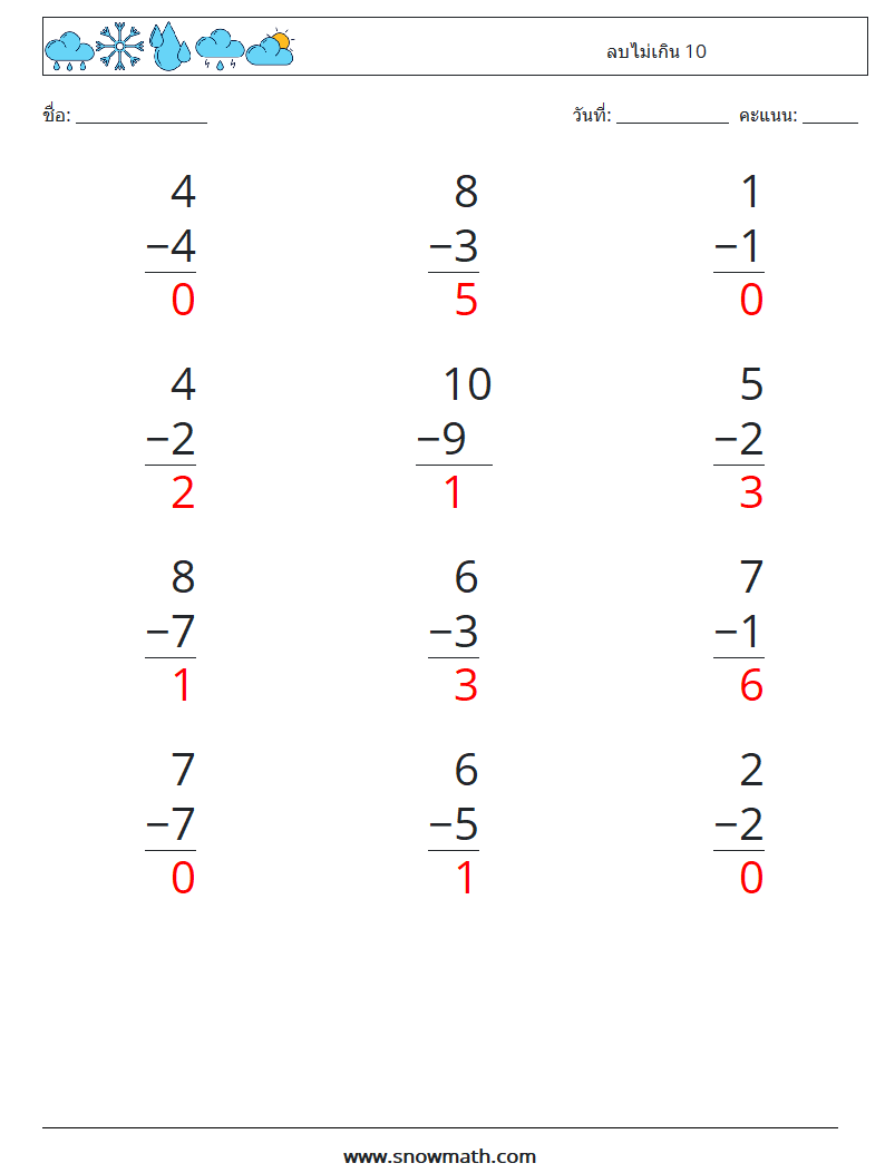 (12) ลบไม่เกิน 10 ใบงานคณิตศาสตร์ 4 คำถาม คำตอบ