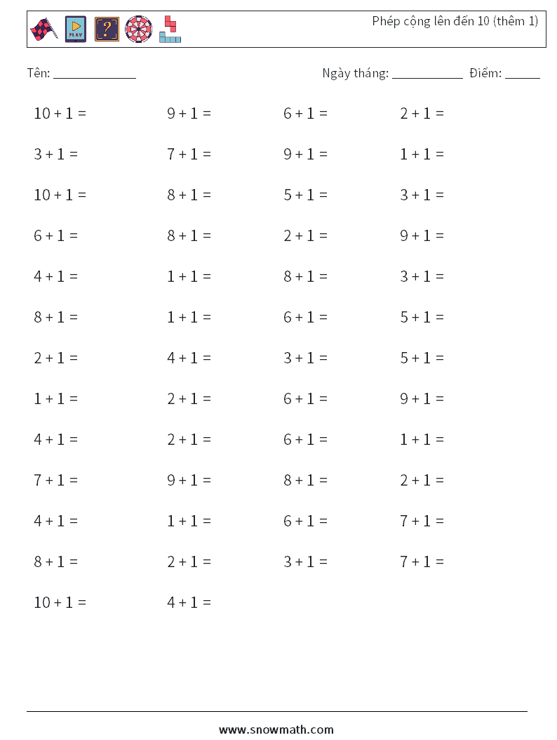 (50) Phép cộng lên đến 10 (thêm 1) Bảng tính toán học 2