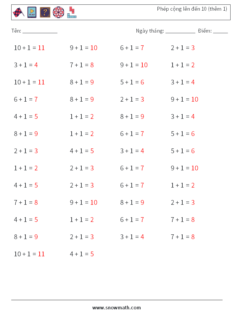 (50) Phép cộng lên đến 10 (thêm 1) Bảng tính toán học 2 Câu hỏi, câu trả lời