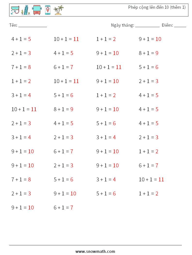 (50) Phép cộng lên đến 10 (thêm 1) Bảng tính toán học 3 Câu hỏi, câu trả lời
