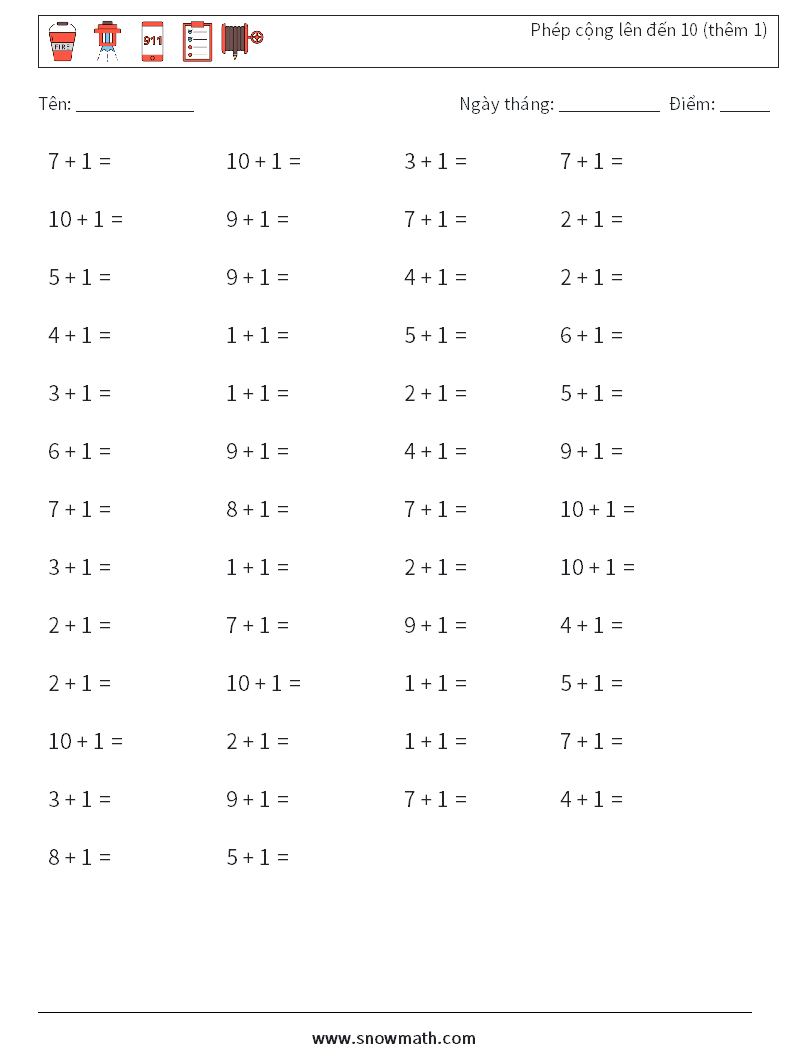 (50) Phép cộng lên đến 10 (thêm 1) Bảng tính toán học 5