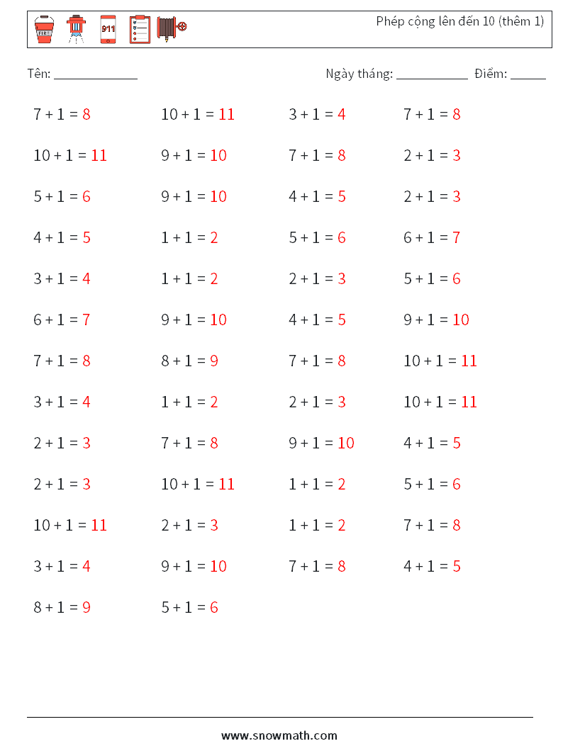 (50) Phép cộng lên đến 10 (thêm 1) Bảng tính toán học 5 Câu hỏi, câu trả lời