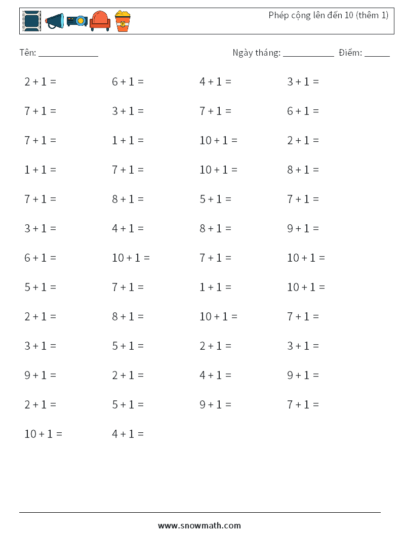 (50) Phép cộng lên đến 10 (thêm 1) Bảng tính toán học 6
