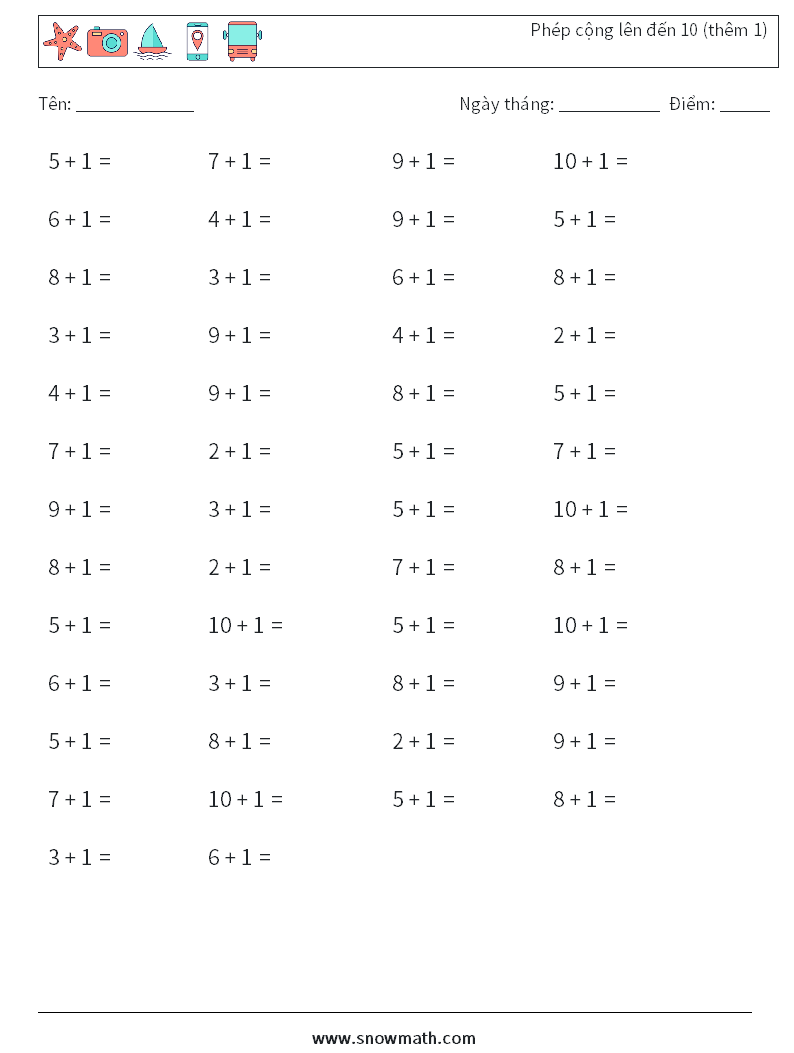 (50) Phép cộng lên đến 10 (thêm 1) Bảng tính toán học 7