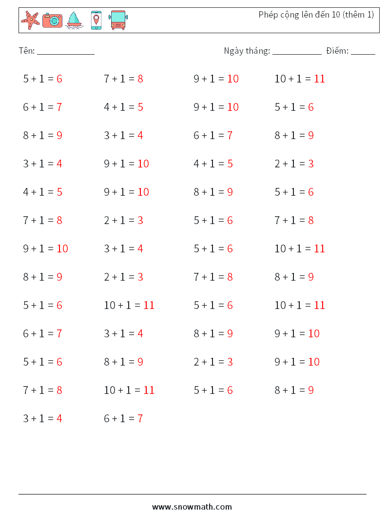 (50) Phép cộng lên đến 10 (thêm 1) Bảng tính toán học 7 Câu hỏi, câu trả lời