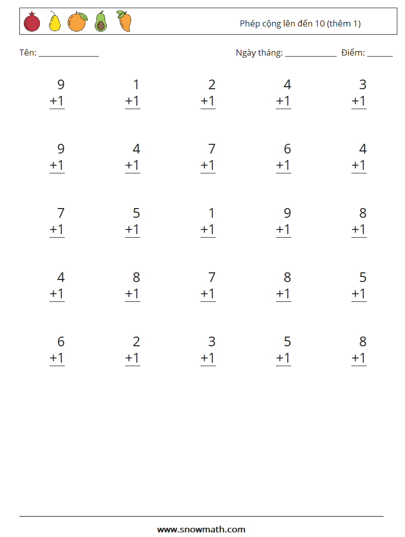 (25) Phép cộng lên đến 10 (thêm 1) Bảng tính toán học 7