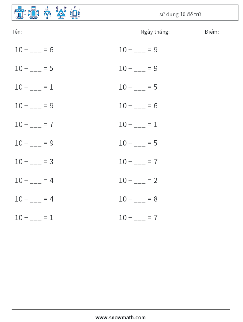 (20) sử dụng 10 để trừ Bảng tính toán học 7