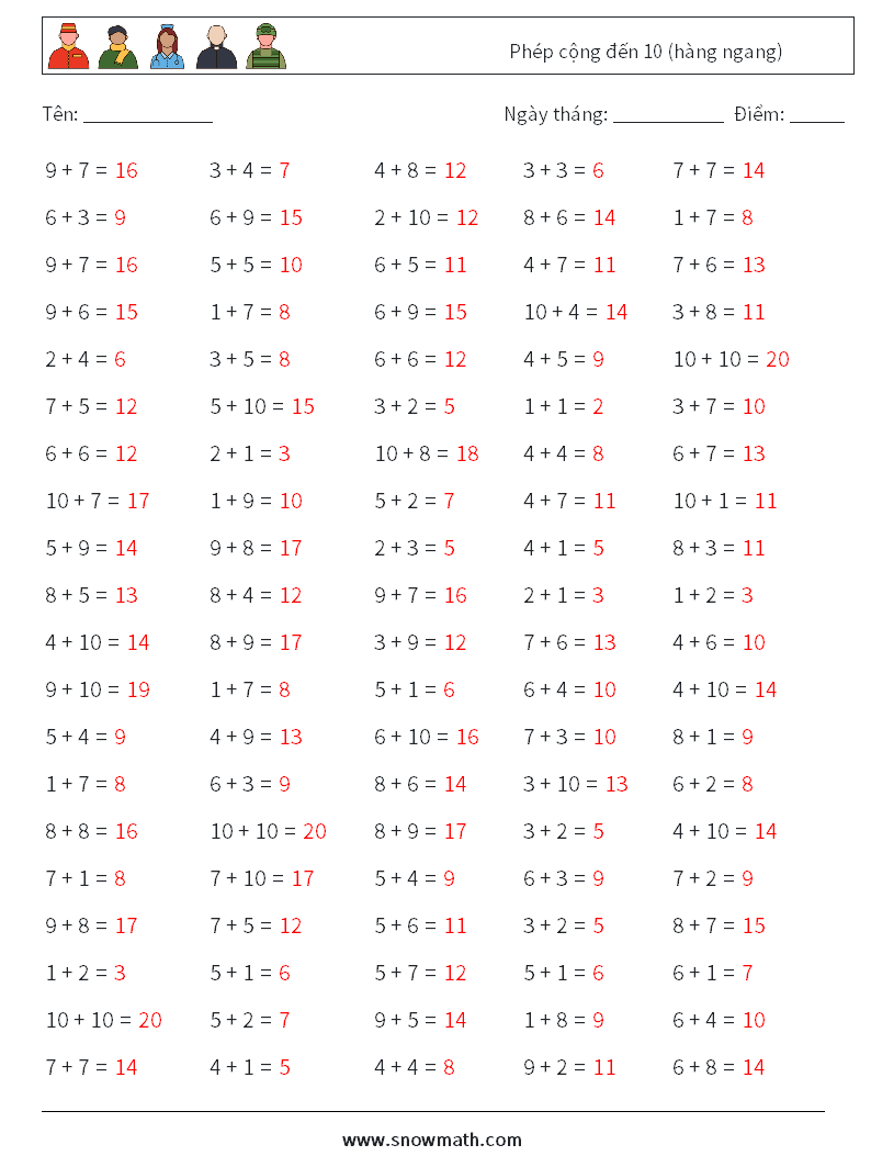 (100) Phép cộng đến 10 (hàng ngang) Bảng tính toán học 1 Câu hỏi, câu trả lời