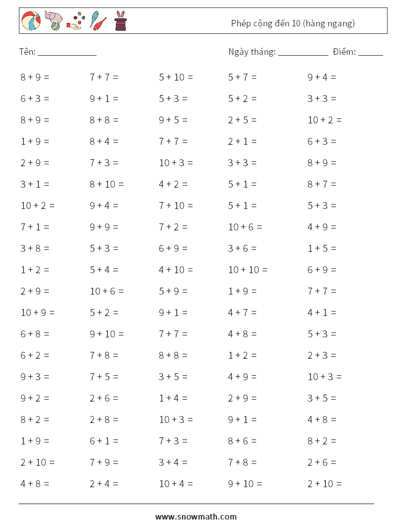 (100) Phép cộng đến 10 (hàng ngang) Bảng tính toán học 2