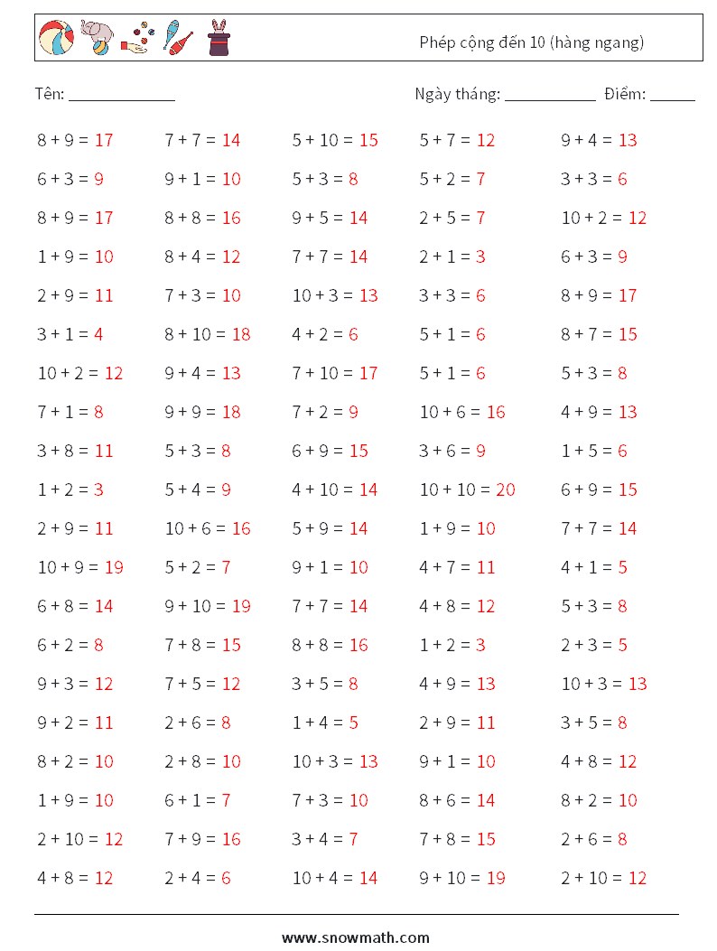 (100) Phép cộng đến 10 (hàng ngang) Bảng tính toán học 2 Câu hỏi, câu trả lời