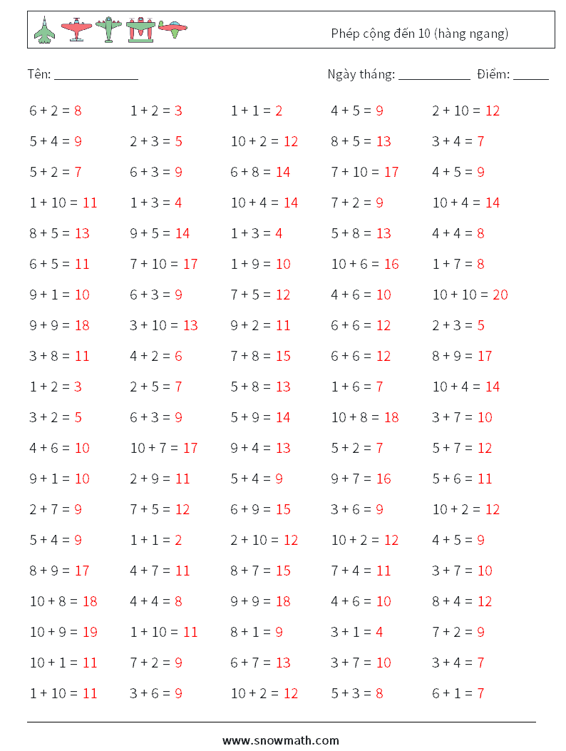 (100) Phép cộng đến 10 (hàng ngang) Bảng tính toán học 3 Câu hỏi, câu trả lời