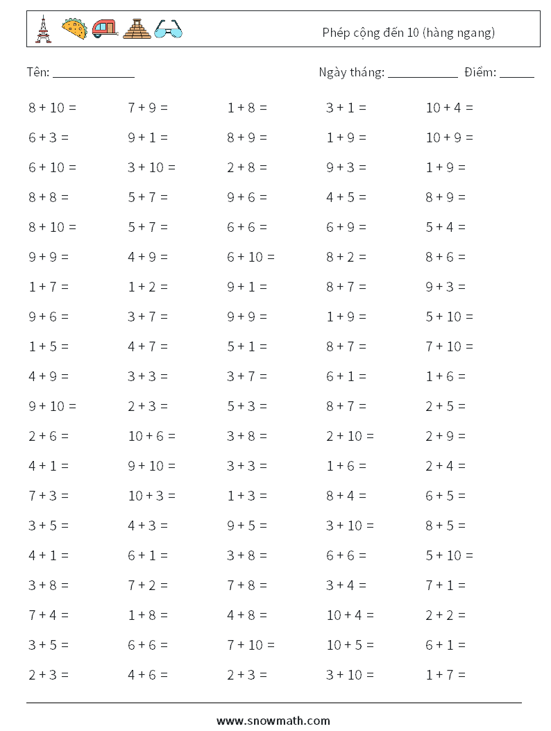 (100) Phép cộng đến 10 (hàng ngang) Bảng tính toán học 4