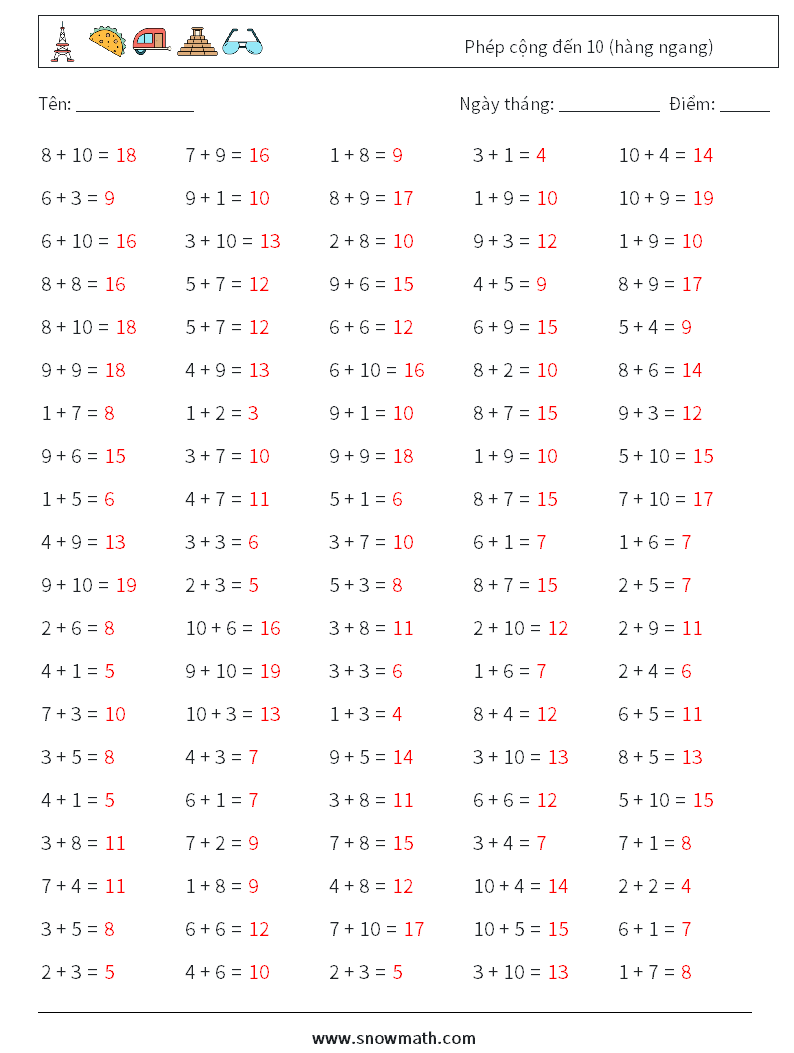 (100) Phép cộng đến 10 (hàng ngang) Bảng tính toán học 4 Câu hỏi, câu trả lời