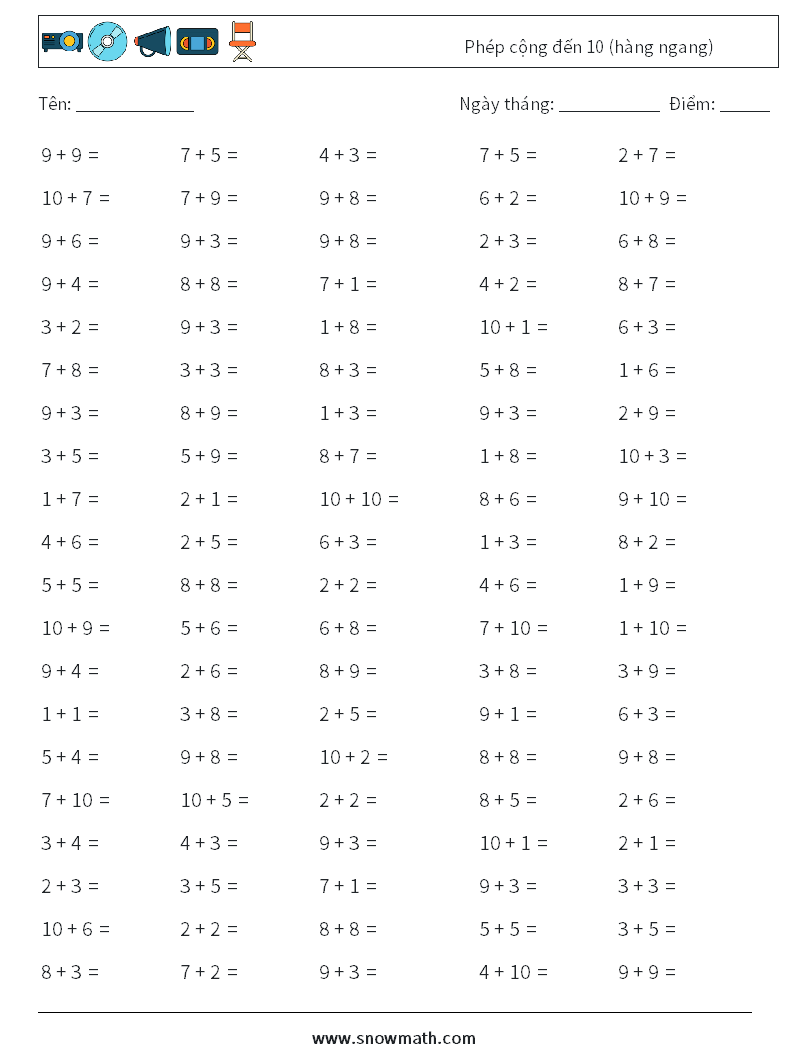 (100) Phép cộng đến 10 (hàng ngang) Bảng tính toán học 6