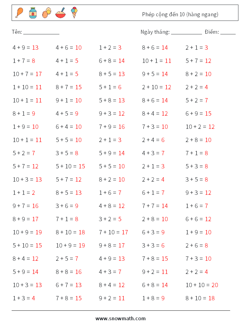 (100) Phép cộng đến 10 (hàng ngang) Bảng tính toán học 7 Câu hỏi, câu trả lời
