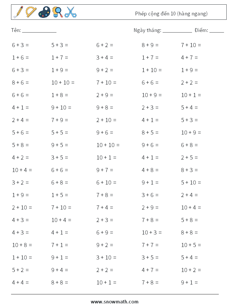 (100) Phép cộng đến 10 (hàng ngang) Bảng tính toán học 9