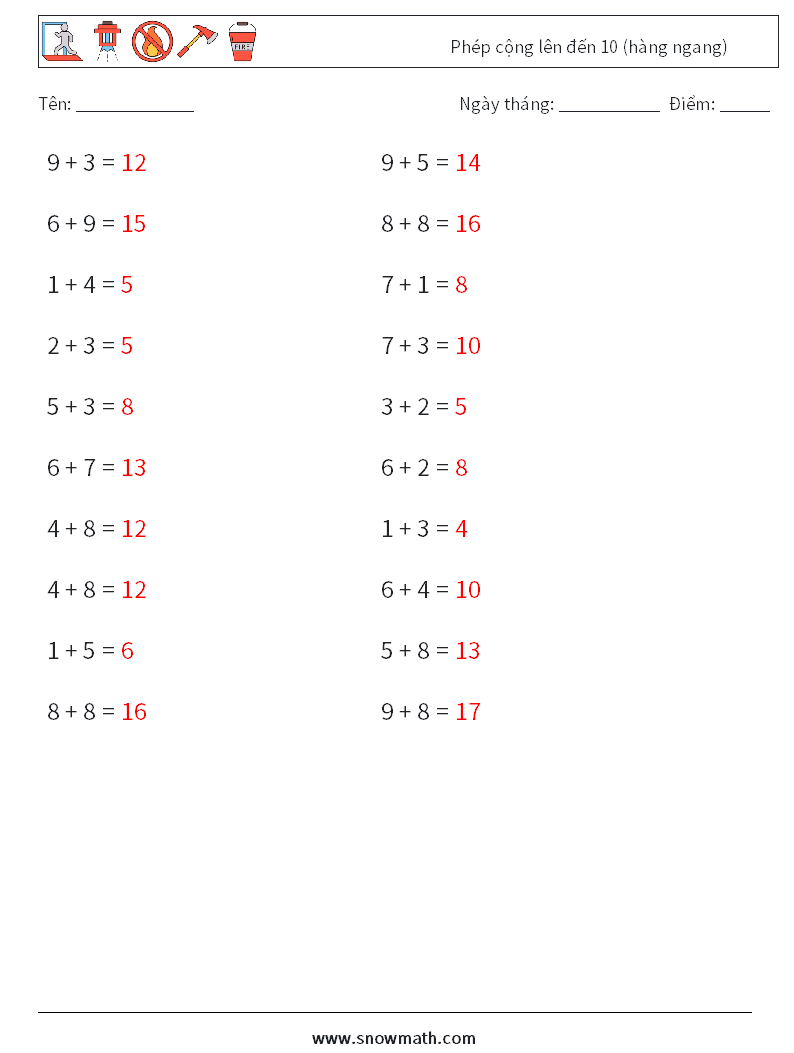 (20) Phép cộng lên đến 10 (hàng ngang) Bảng tính toán học 1 Câu hỏi, câu trả lời