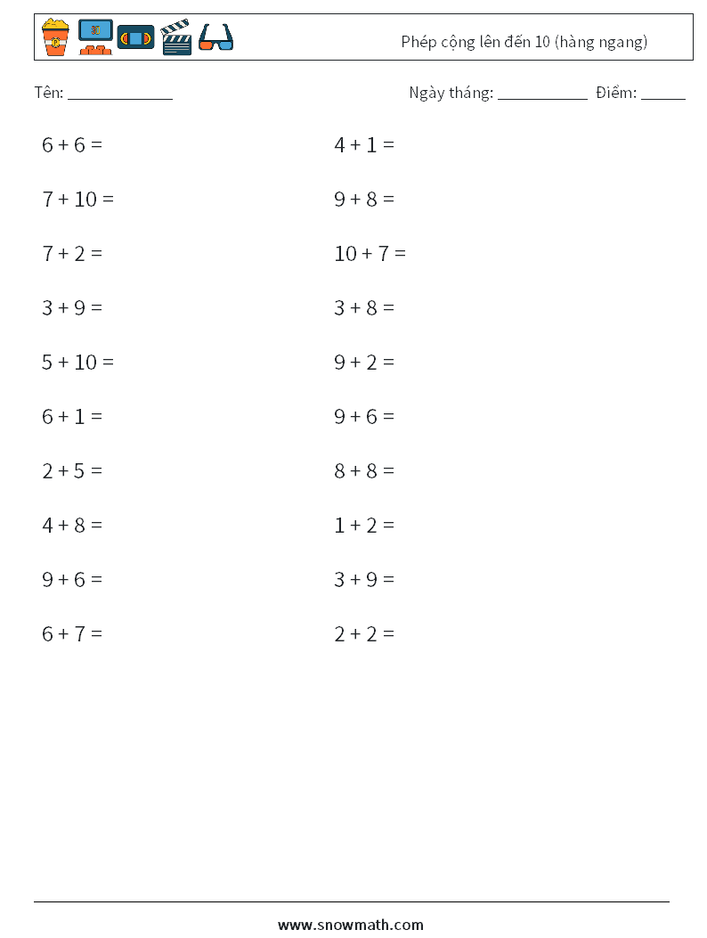 (20) Phép cộng lên đến 10 (hàng ngang) Bảng tính toán học 2