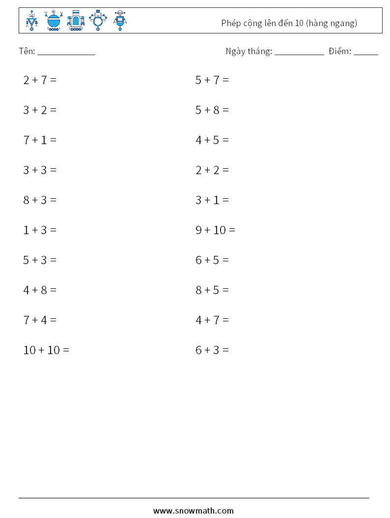 (20) Phép cộng lên đến 10 (hàng ngang) Bảng tính toán học 3