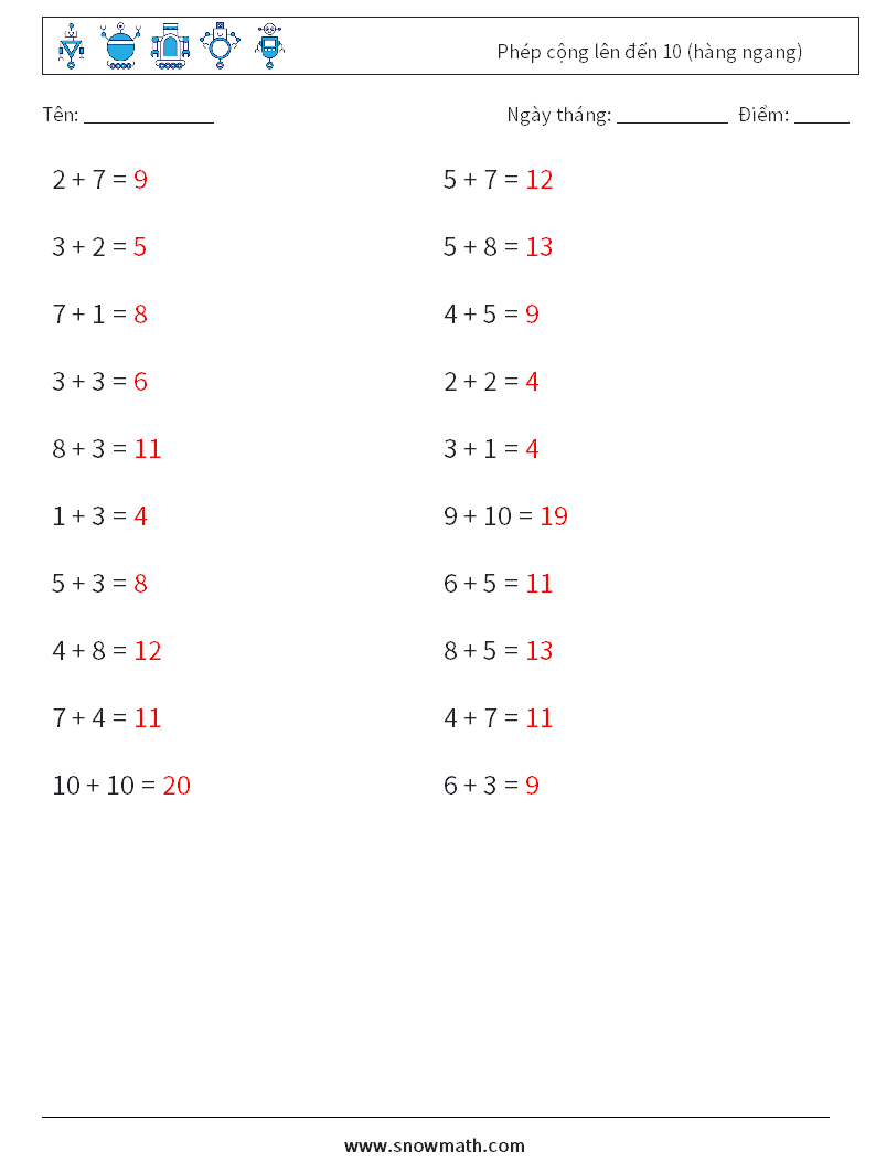 (20) Phép cộng lên đến 10 (hàng ngang) Bảng tính toán học 3 Câu hỏi, câu trả lời
