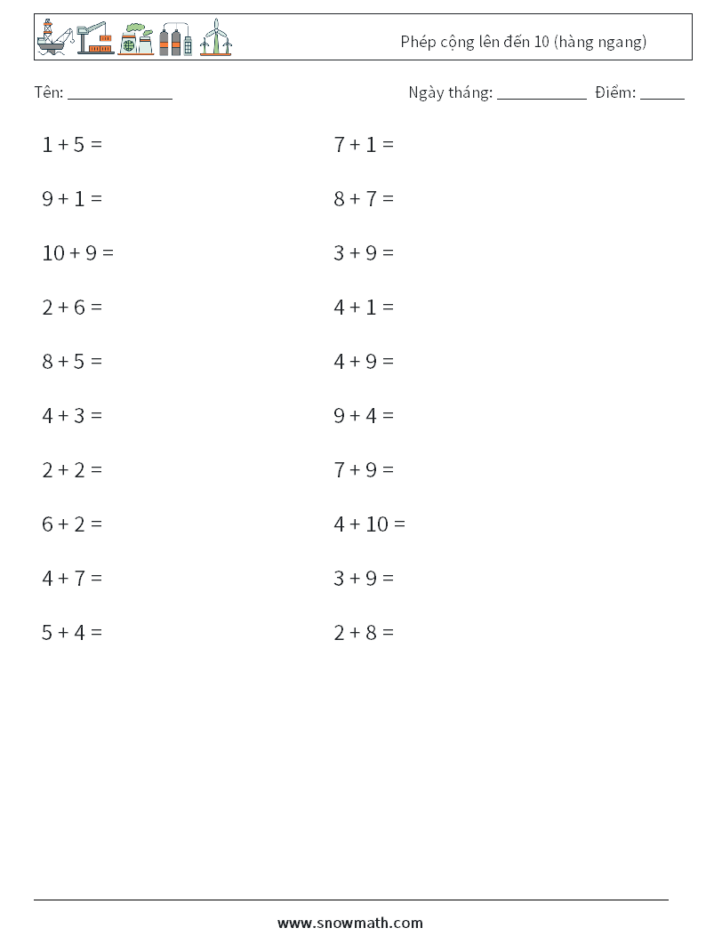 (20) Phép cộng lên đến 10 (hàng ngang) Bảng tính toán học 5