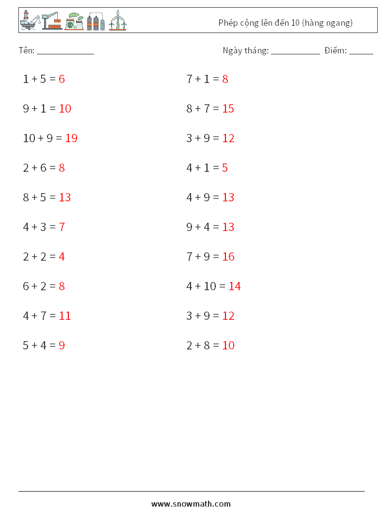 (20) Phép cộng lên đến 10 (hàng ngang) Bảng tính toán học 5 Câu hỏi, câu trả lời