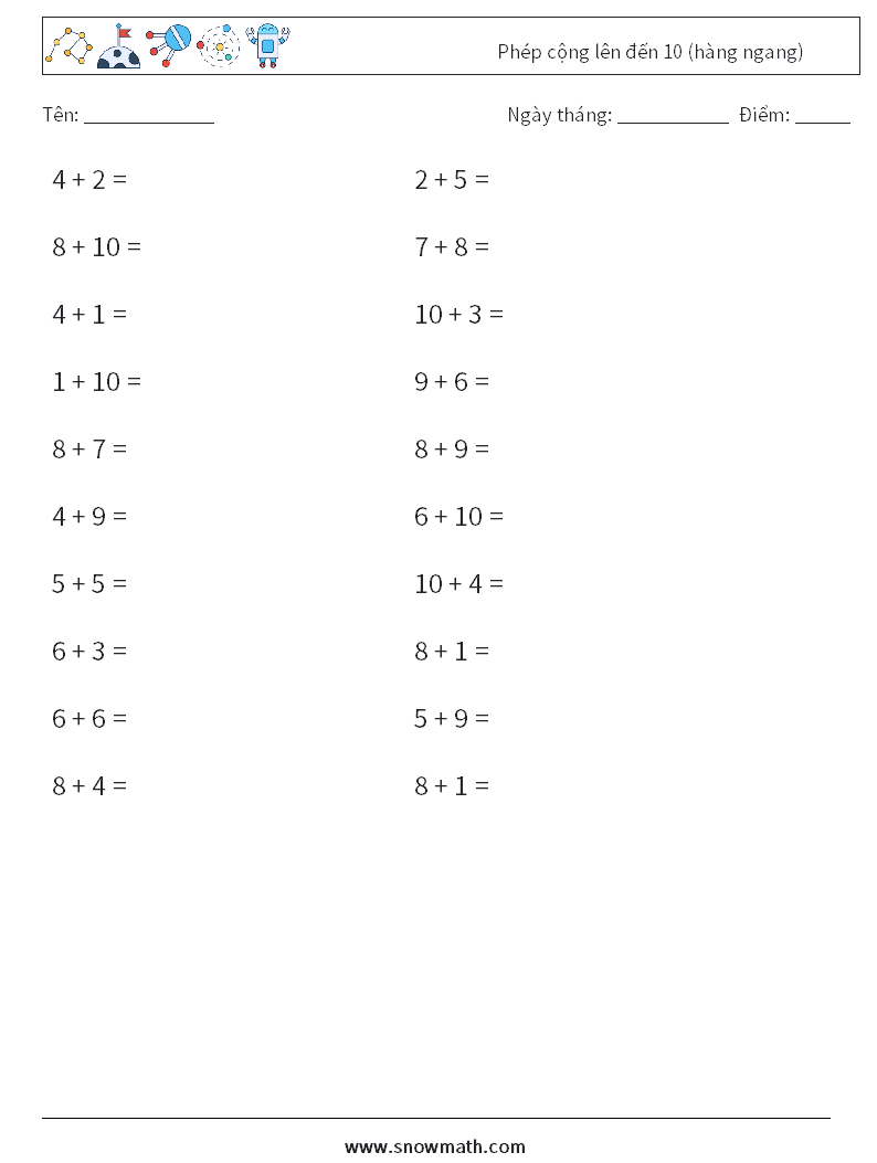 (20) Phép cộng lên đến 10 (hàng ngang) Bảng tính toán học 6