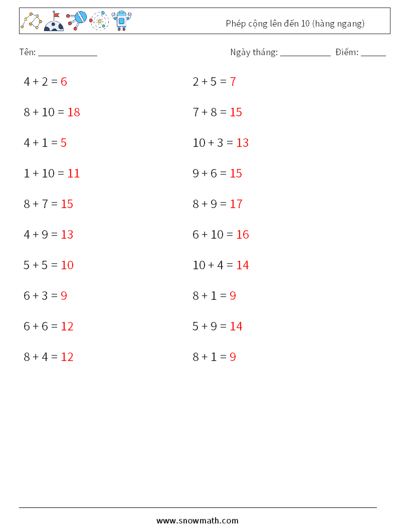 (20) Phép cộng lên đến 10 (hàng ngang) Bảng tính toán học 6 Câu hỏi, câu trả lời