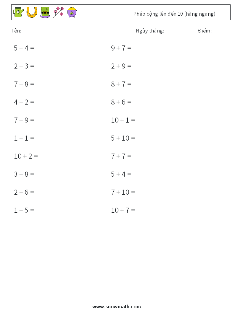 (20) Phép cộng lên đến 10 (hàng ngang) Bảng tính toán học 7