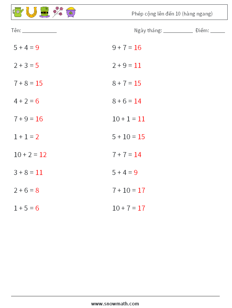 (20) Phép cộng lên đến 10 (hàng ngang) Bảng tính toán học 7 Câu hỏi, câu trả lời