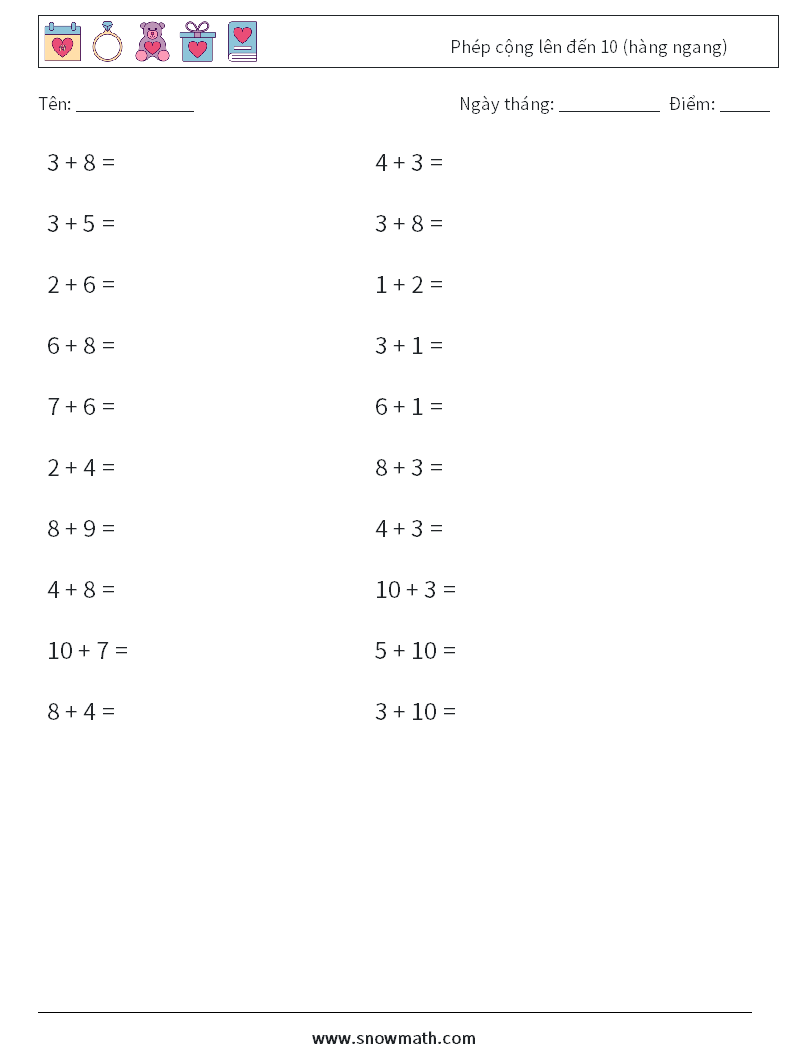 (20) Phép cộng lên đến 10 (hàng ngang) Bảng tính toán học 8