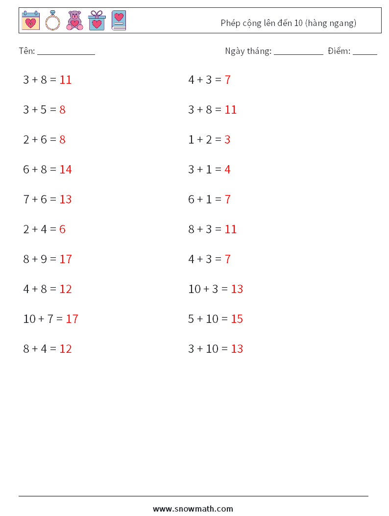 (20) Phép cộng lên đến 10 (hàng ngang) Bảng tính toán học 8 Câu hỏi, câu trả lời