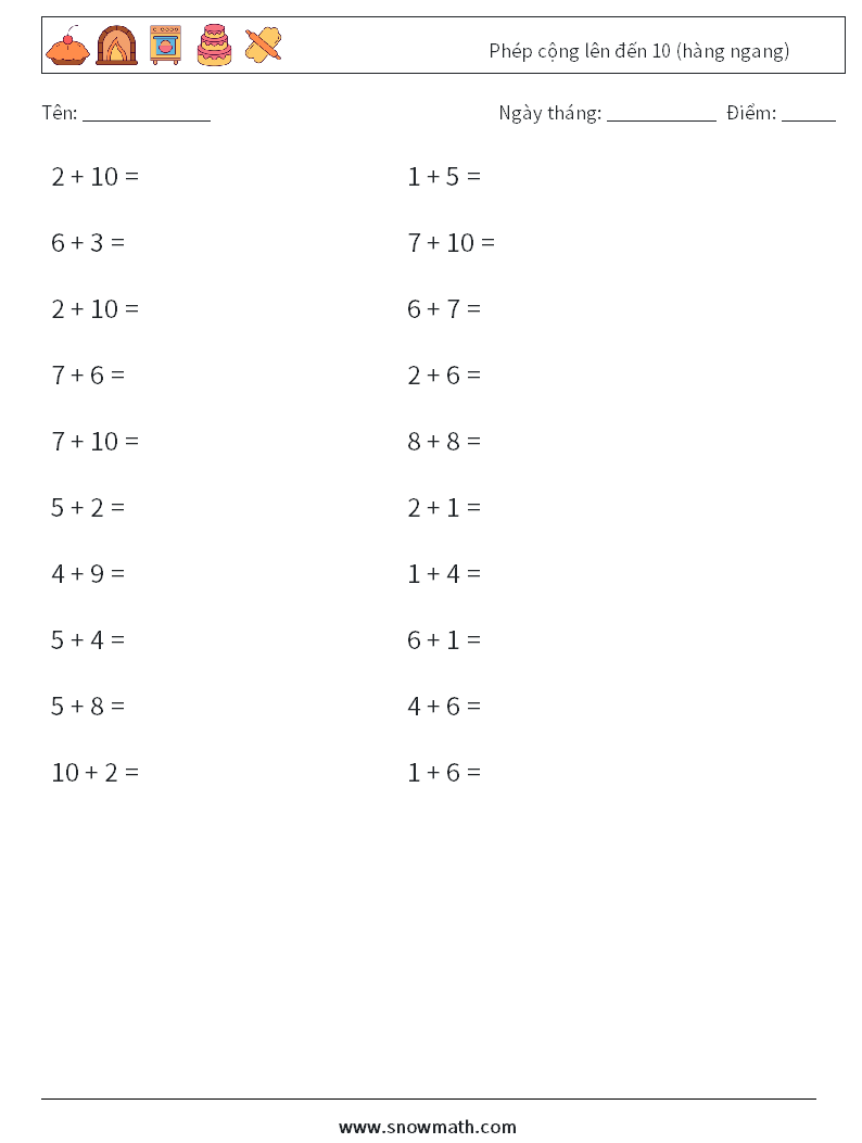 (20) Phép cộng lên đến 10 (hàng ngang) Bảng tính toán học 9