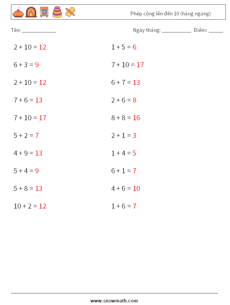 (20) Phép cộng lên đến 10 (hàng ngang) Bảng tính toán học 9 Câu hỏi, câu trả lời